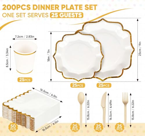 Anstore 200 Stück Partygeschirr Set Weiß mit Gold Goldrand für 25 Gäste – Ansicht 3
