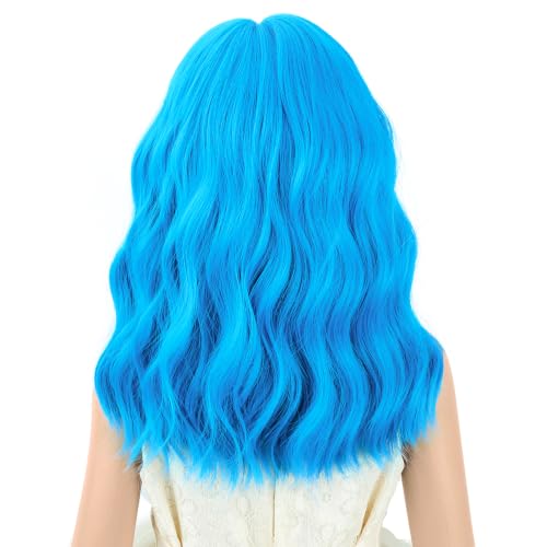 Image of PATTNIUM Girls Blue Short Curly Wavy Wigs with Bangs