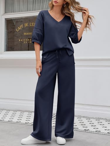 Fisoew Womens 2 Piece Lounge Sets Outfits Sweatsuits V Neck Sweatshirts Tracksuit Wide Leg Pants Fall Matching Sets2