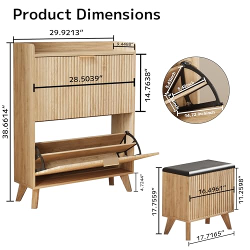 Image of Fluted Shoe Cabinet Storage with Bench, Wood Narrow Hidden Shoe Cabinet with 2 Flip Drawers Wood Legs Adjustable Shelf for Entryway, L-Shaped Shoe Rack Organizer for Foyer Hallway Living Room