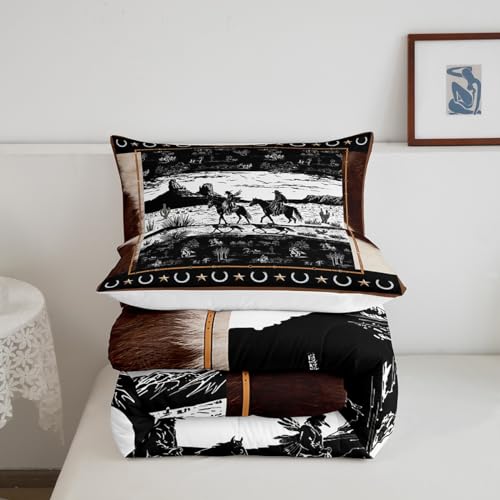 Juego de ropa de cama de caballo blanco y negro edredón matrimonial vaquero 6