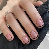 MERVF Short Press on Nails Square Fake Nails Black French Tip Squoval Acrylic Nails 24pcs Glossy Fal