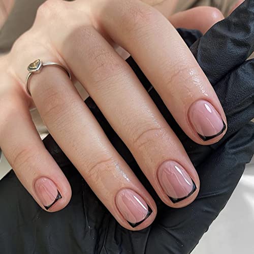 Mervf Short Press On Nails Square Fake Nails Black French Tip Squoval Acrylic Nails 24Pcs Glossy False Nails For Women And Girls #TOP28