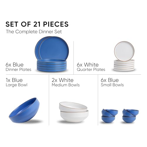 Image of Shay Modern Japandi Blue Ceramic Dinner Set, 21 Pcs, | Crockery Set |for Gifting & Dining | Matte Finish | Dinner Set Ceramic (Japandi Dinner Set - Blue, 21 Piece)