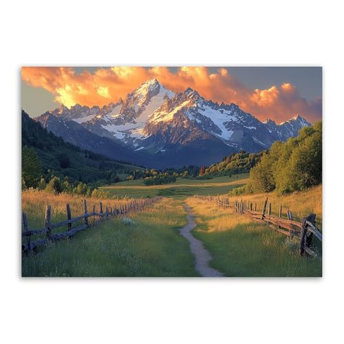 Décoration murale nature avec montagnes enneigées et prairies au crépuscule sans cadre