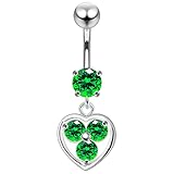 AZARIO LONDON Emerald CZ Stone Heart Locket Dangling Silver Belly Bar - Steel & Silver Navel Jewelry- Navel Ring Dangle- Belly Button Rings- 14G Curved Barbell