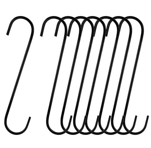 Tmtains 8 Pack Large S Hooks for Hanging Heavy Duty 8 Inch Long S Hooks for Hanging Plants Steel Metal Hanger Black Extension Hook for Closet Hanging Jeans Clothes Bird Feeders Garden Indoor Outdoor
