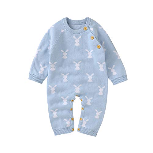 Image of DuAnyozu Baby Girl Boy Easter Outfit Bunny Onesie Knitted Sweater Romper Long Sleeve Jumpsuit Cute Rabbit Clothes (A Bunny Onesie-Blue,3-6 Months)