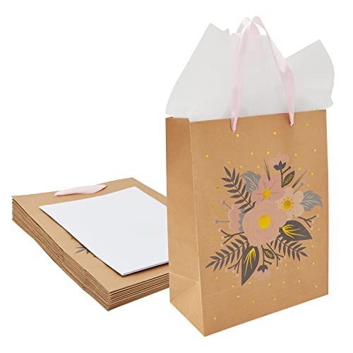 12 Pack Kraft Paper Floral Gift Bags with Ribbon Handles + 20 Sheets Tissue Paper for Bridal Shower, Tea Party, Wedding Favors (10 x 13 In)