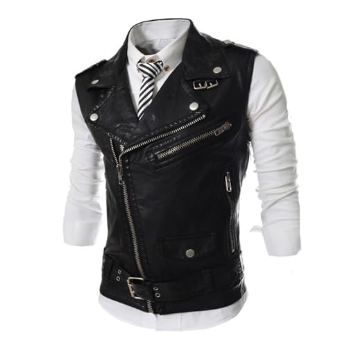 Maiyifu-GJ Men's Faux Leather Biker Sleeveless Jacket Vintage Asymmetric Zip Motorcycle Vest PU Lightweight Punk Belted Coat (Blacka2,Medium)2