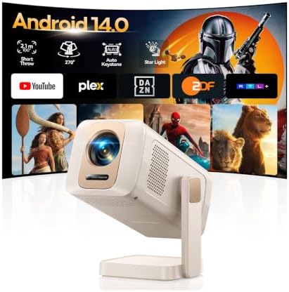 Mini Beamer [Integrierte Apps| Kurzdistanz] Smart Beamer 1080P Unterstützt | Beamer Klein Android 14 OS Sprachsteuerung Auto Trapezkorrektur Fokus Manuell WiFi6 Zwei-Wege Bluetooth