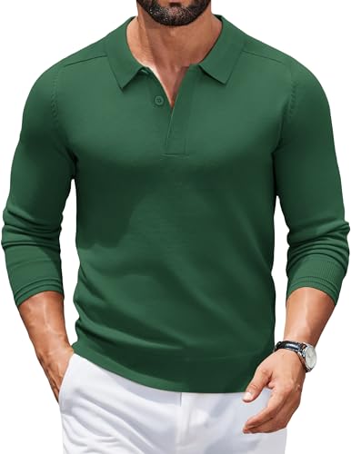 COOFANDY Men's Jumper Polo Pullover Knitted Poloshirt Long Sleeve Sweatshirt Regular Fit Winter Sweater Solid Color Tops Casual Smart Green L