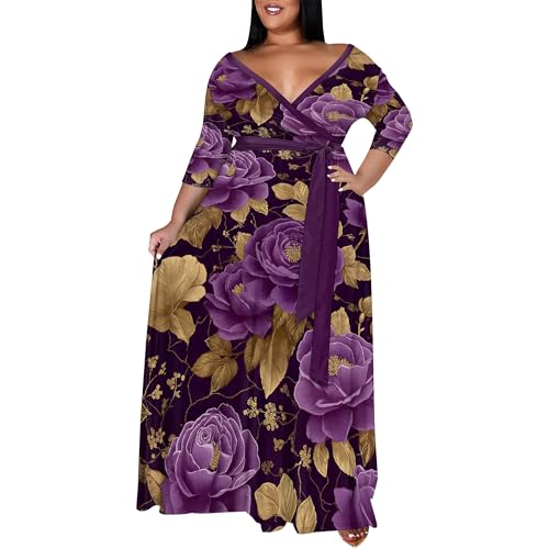 Image of SUZONANA Plus Size Maxi Dresses for Curcy Women Casual Loose 3 /4 Sleeve Long Dress with Belt