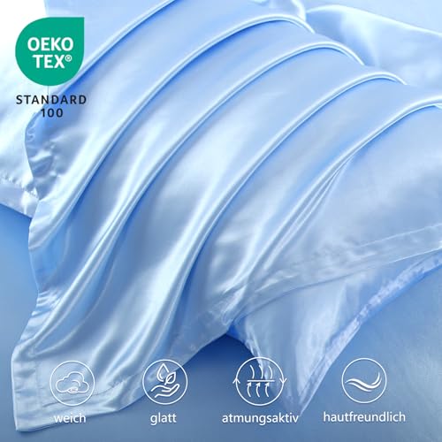 RUIKASI Satin Bettwäsche 220x240 Blau - Seidig Bettbezug mit Glanz wie Seiden Bettwäsche Set Hellblau für Haar und Haut… – Ansicht 5