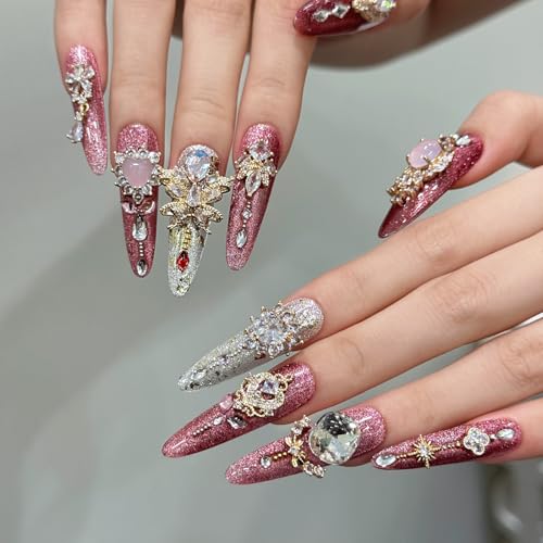 RENBING handmade press on nails stiletto,luxury 3d fake nails with