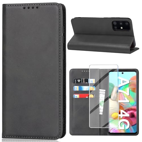 Handyhülle für Samsung Galaxy A71 Hülle mit Schutzfolie, Schutzhülle Galaxy A71-4G PU Leder Wallet Kartenfach Ständer Klapphülle Lederhüllen Hülle für Samsung A71-4G Tache Cover (Schwarz)