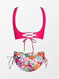 CUPSHE Damski zestaw bikini o wyglądzie owijanej koronki, moda kąpielowa, dekolt w kształcie litery V, wzór kwiatowy, dwuczęściowy kostium kąpielowy, BRIGHT PINK, L