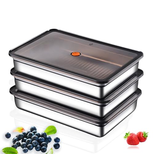 Hommiya Stainless Steel Food Storage Containers, Silver, Airtight with Vacuum Seal, Stackable Rectangular, 3-Piece Set, BPA-Free Lids, for Meal Prep and Leftovers Storage(Shallow- 1.9'' Height) by Hommiya - Used condition - US$29.74