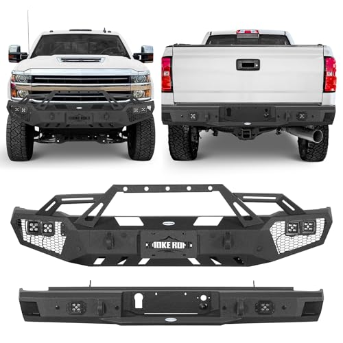 Hooke Road 15-19 Silverado Front and Rear Bumper Kit Compatible with 2015-2019 Chevy Chevrolet Silverado 2500HD 3500HD Pickup, Offroad Steel Bumpers with Winch Plate, Bull Bar, D-ring Mounts
