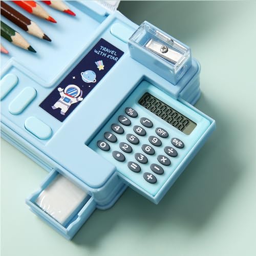 Image of Pop Up Multifunction Pencil Case, Cute Cartoon Pen Box Organizer Stationery with Calculators, Sharpener, Schedule, School Supplies, Best Birthday Gifts for Kids Teens (Light Blue)
