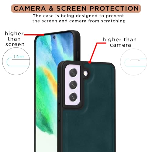 Image of Amazon Basics Back Cover for Samsung Galaxy S21 FE 5G | Premium PU Leather | Soft Touch Finish | Full Camera Protection | Raised Edge Bumper Case (Green)