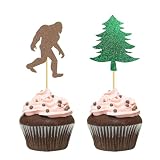 Bigfoot and Tree Cupcake Toppers Green Glitter Tree and Brown Glitter Sasquatch Cake Picks for Camping Outdoor Themed Birthday Party Decorations Wilderness Adventure Supplies - 24PCS