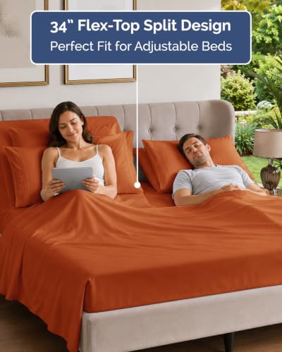 Image of Flex Top Split Head King 6 Piece Sheet Set - Soft & Cooling - Terracotta | Ultra Soft Hotel Luxury Bedding Set w / 8-16 Inch Deep Pockets, 1 Flat & 1 Split-Head Fitted Sheet & 4 Pillowcases, Fade Free