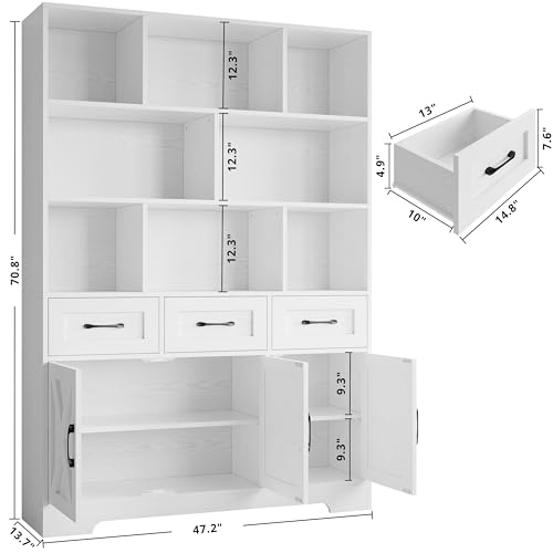 IRONCK Bookshelf with Drawers & Doors, Tall Bookshelf with Storage, Bookcase with Cabinets for Home Office, Living Room, White - Image 4