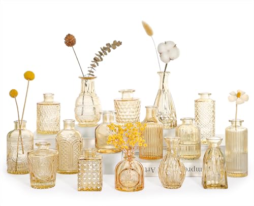 SUPMIND 16Pcs Glass Bud Vase Set, Small Flower Vases in Bulk for Centerpieces, Mini Vintage Amber Vase for Wedding, Home Decor, Table Decoration - Gold Amber