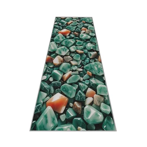 キッチン 廊下敷き 玄関マット キッチンマット 洗える 抗菌 ふわっと 多色×サイズ選べる 100×200cm 多色2 緑宝石柄 オレンジアクセント 多色宝石