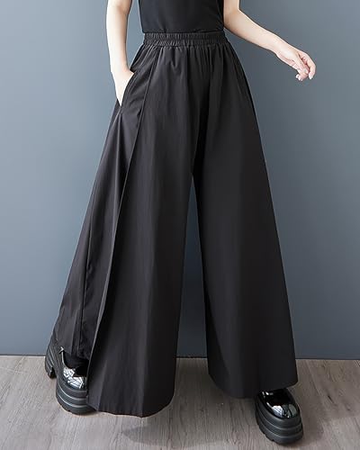 ellazhu Women's Pants Elastic Waist Two Side Pockets Solid Wide Leg Casual Loose Maxi GZ445 A3