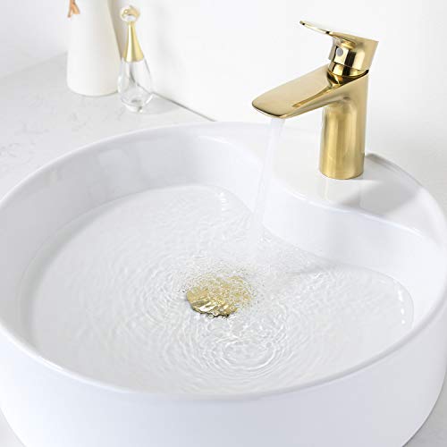 GORDEE Bathroom Sink Stopper P-Trap Complete Set Adjustable 1-1/4 Bottle Trap Solid Brass Sink Drain Kit Tube and Pop Up Drain Stopper Set without Overflow, Brushed Gold