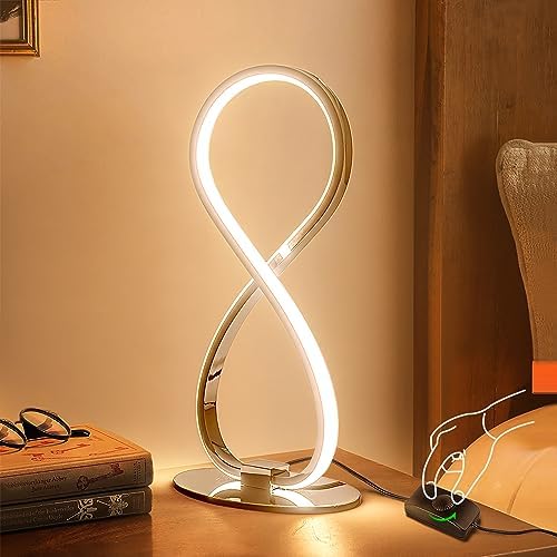 Adebime Modern Table Lamp, Stepless Dimmable LED Spiral Lamp for Living Room, Warm White Bedside Table Lamp, Silver Desk Lamp for Bed, Unique Nightstand Lamp for Bedroom Creative Small Table Lamps