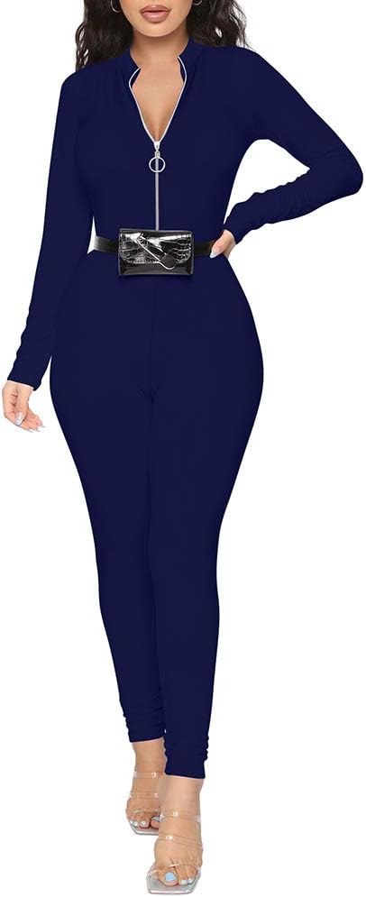 LAGSHIAN Women's Sexy Casual Long Sleeve V Neck Zipper One Piece Bodycon Jumpsuit - Image 2