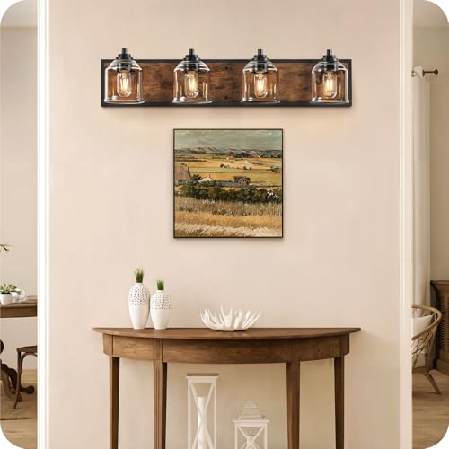 Image of 4-Light Bathroom Fixture, 31.5 inch Large Farmhouse Vanity Light, E26 Base (Bulbs Not Included), Thickened Glass Shade, for Bathroom, Bedroom, Vanity, Hallway, Rustic Brown and Black F18BD05