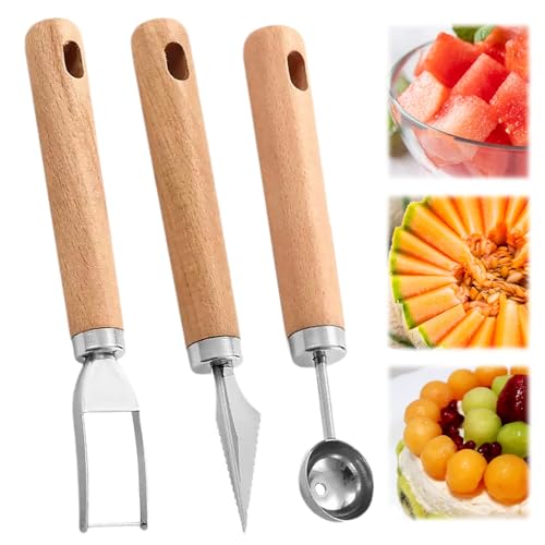 3 Cortadores De SandíA De Acero Inoxidable, PráCtico Cuchillo Para Fruta Con Sacabocados Y Utensilio De Cocina Multifuncional, Para Fruta, Verdura, PreparacióN De Bandejas De Produc (Mango de madera)