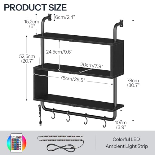 Image of HOOBRO Floating Shelves with LED Lights, 29.5 inch LED Wall Mounted Gaming Shelf, 3-Tier Pipe Display Rack with Hanging Rod and 4 S-Hooks, for Storage Livingroom, Bedroom, Kitchen, Black BB21DBJ01