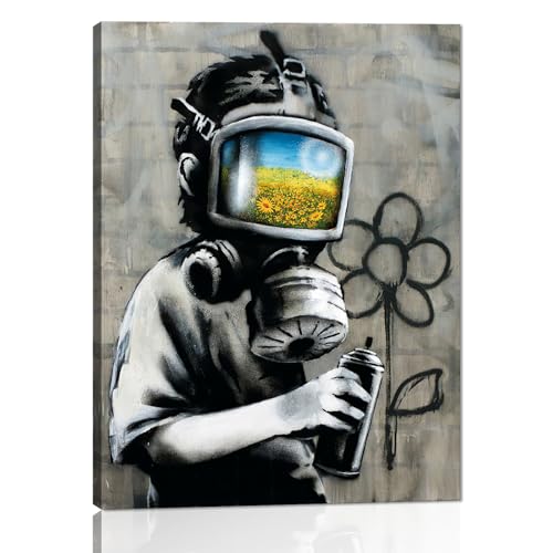 Yatsen Bridge Classic BANKSY Canvas Sunflower Field Mask Wall Art Print Street Graffiti Printable Painting Home Decor Posters Stretched and Framed Ready to Hang - 12x16 inch