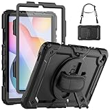 SEYMCY Case for Samsung Galaxy Tab S6 lite 10.4 Inch 2024/2022/2020, Full-body Shockproof with Screen Protector, 360° Rotating Hand Strap & Stand, Shoulder Strap for Samsung S6 Lite Tablet, Black