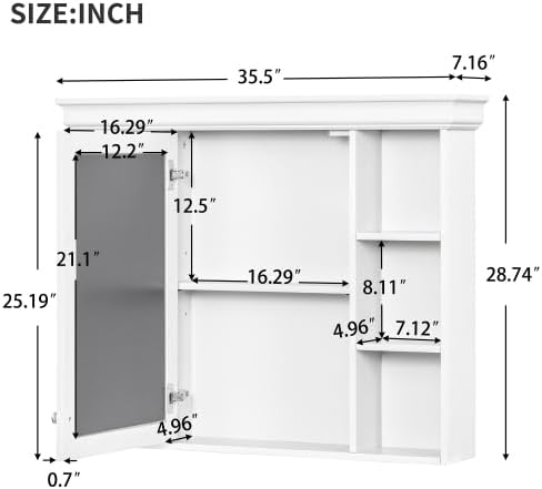 35'' x 28'' White Wall Mounted Bathroom Storage Cabinet with Mirror Door