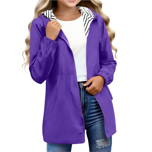 duxyoz Boys Girls Rain Jacket - Waterproof Lightweight Raincoat for Kids,Packable,Water-Resistant,Windproof,Hooded,Long Raincoats Windbreaker Trench Coat Purple 13-14 Years