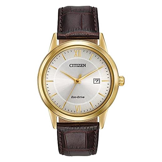 Citizen Men's Eco-Drive Corso Classic Watch in Gold-tone Stainless Steel with Brown Leather Strap, Champagne Dial (Model: AW1232-04A), Gold-Tone, Quartz Movement