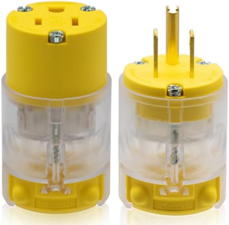 ELEGRP Lighted Straight Blade Electrical Plug and Connector Set 15 Amp 125 Volt NEMA 5-15P NEMA 5-15R 2 Pole 3 Wire Grounding, Commercial Grade, Yellow, 1 Set
