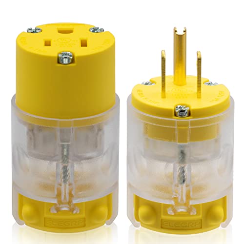 ELEGRP Lighted Straight Blade Electrical Plug and Connector Set 15 Amp 125 Volt NEMA 5-15P NEMA 5-15R 2 Pole 3 Wire Grounding, Commercial Grade, Yellow, 1 Set by ELEGRP - Used condition - US$14.69