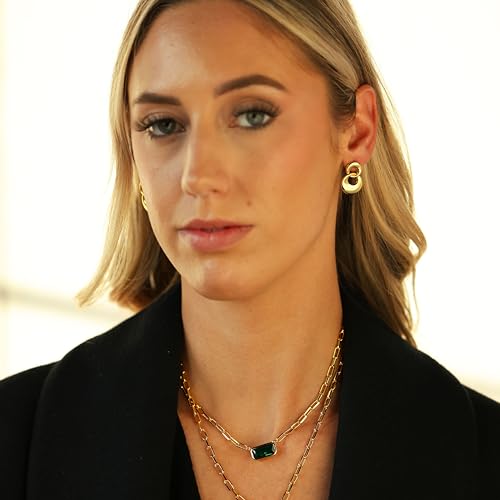 Emerald-Cut Pendant Necklace | Paperclip Gold Link Chain Green CZ Solitaire Pendant Necklace | East West Bezel Set Charm 17+2''2