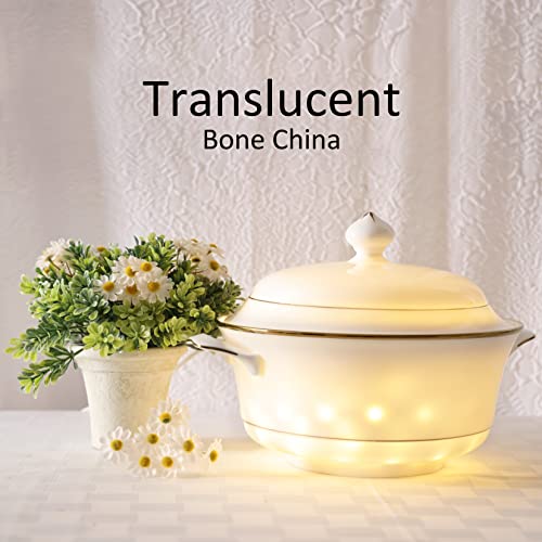 Bone China Soup Tureen With Lid, 2.97Qt, Gold Rim, Big Soup Bowl, 2Pc Set, Serveware, Big Serving Bowl, Elegant Ceramic/Porcelain, White, Translucent, Modern, Simple And Resistant, Greeting Dinnerware #TOP3