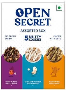 Open Secret Multi Flavor Assorted Story Box with Choco Almond, White Choco Cashew & Peanut Butter Nutty Cookies|No Added Maida| Family Snacks Biscuit | 5 Cookies, 62.5g