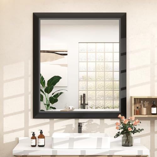 SMIROR Matte Black Bathroom Mirror for Over Sink 28x 32 inch, Metal Thick Frame Rectangle Vanity Mirror for Wall, Anti-Rust, Horizontally or Vertically Mounted