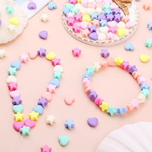 AIEX 400 pcs Plastic Pastel Beads, Assorted Multi-Coloured Acrylic Heart Beads and Star Beads Pony Beads Spacer Beads DIY for Making Crafting Necklaces Rainbow Bracelets
