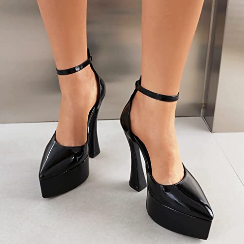 Alsoloveu Women's Pointed Toe High Heel Pumps Platform Ankle Strap Chunky Heel Pump Shoes3